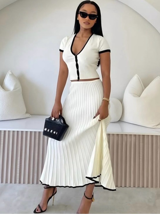 Meshki Tops - Elegant White Knit crop top with Black Trim